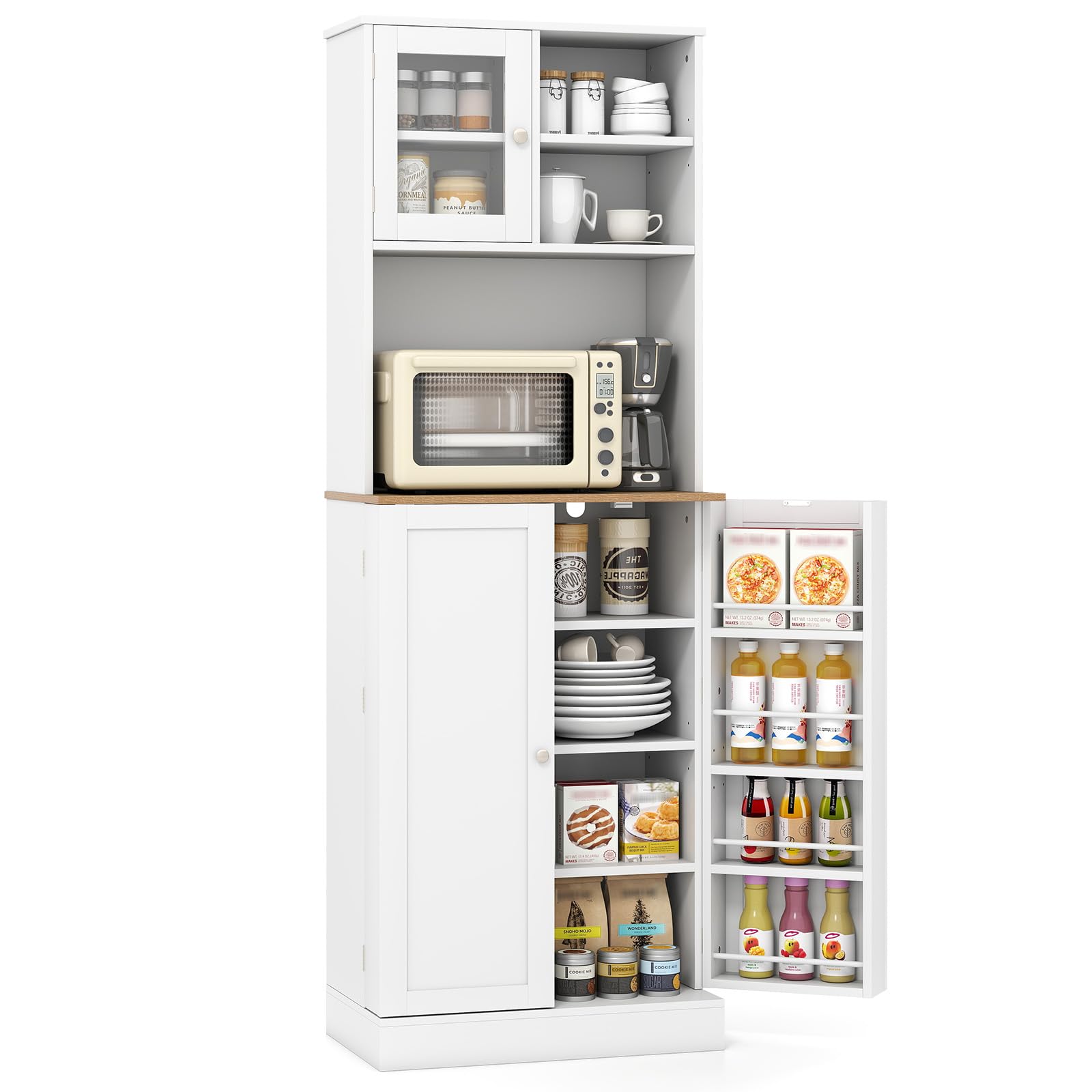 COSTWAY Armario Despensa de Cocina, Armario Buffet con Estante para Microondas, 8 Estantes con Puertas y 5 Estantes Ajustables, Gabinete de Despensa de Cocina para Sala de Estar, 60 x 35 x 170 cm