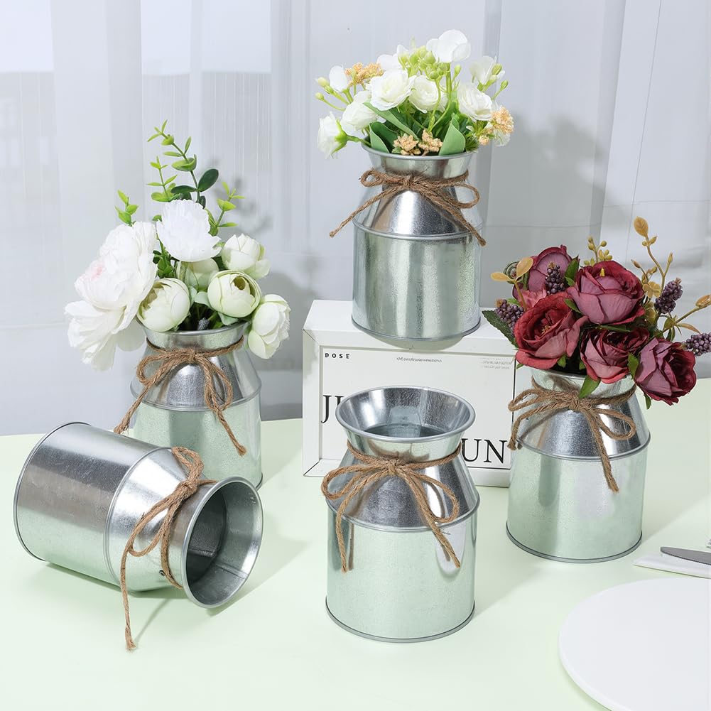 12 Stück Blumenvase Rustikale Metall Milchkanne Vase 9.4cm Vintage Eisen Landhausstil Shabby Chic Blumentopf Für Hochzeit Tischmittelstück Tischdeko Garten Wohnzimmer Küche Balkon (Silber)