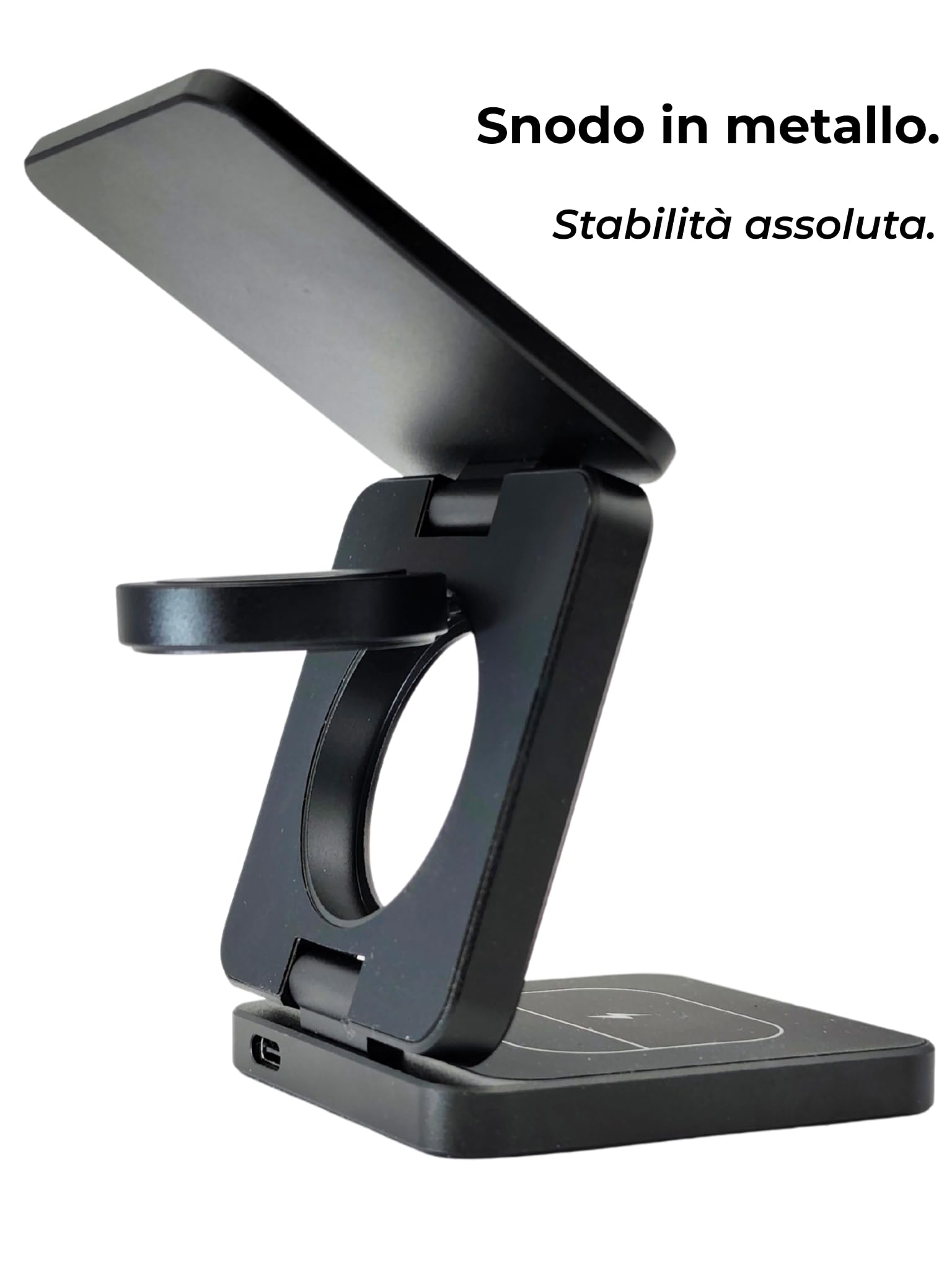Caricatore Wireless 3 in 1 Pieghevole e Compatto Certificato Qi2 - Stazione Ricarica Compatibile MagSafe per iPhone, Apple Watch ed AirPods - Versione PRO in Alluminio - Nero