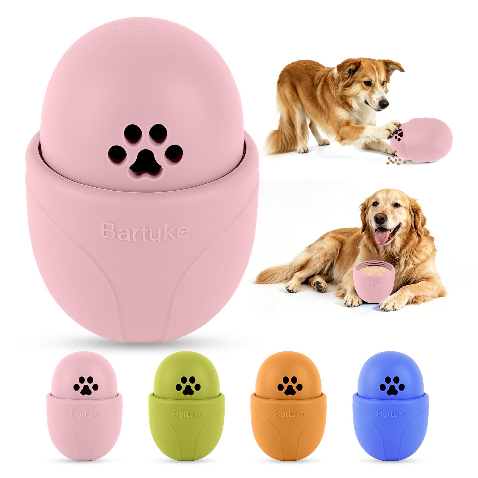 Bartuke Fillable Frozen Dog Treat Ball Toy, Rubber Puppy Treat Dispenser for Slow Food Training and Relieve Boredom, Silicone Tumble Treat Dogs Toys for All Breeds (Pink)