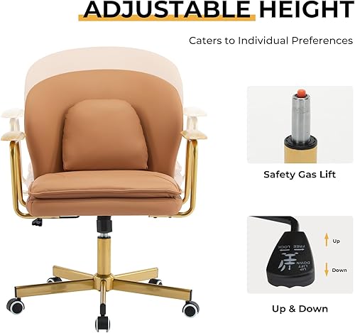 Miniatura 6 de Furniliving Sillas de oficina de cuero, silla de oficina dorada, silla giratoria ajustable para computadora con patas doradas y reposabrazos