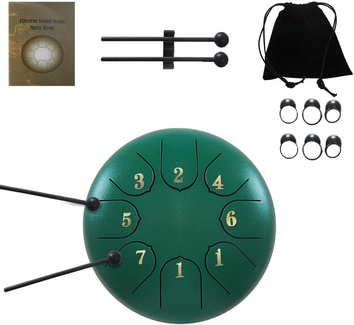 ZHRUNS Steel Tongue Drum - 8 Tones 6 Inches-Percussion Instrument -Handpan Drum with Bag, Mallets, Finger Picks, Notes Stickers for Personal Meditation, Yoga, Zen (Green)