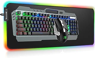 MAMBASNAKE 3 in 1 Wireless 2.4G Rechargeable Gaming Keyboard Mouse Set 3800mAh Rainbow LED Backlit Gaming Keyboard +2400DPI 7 Colors Breathing Light Silent Mouse+Oversized RGB Mouse Pad（Black）
