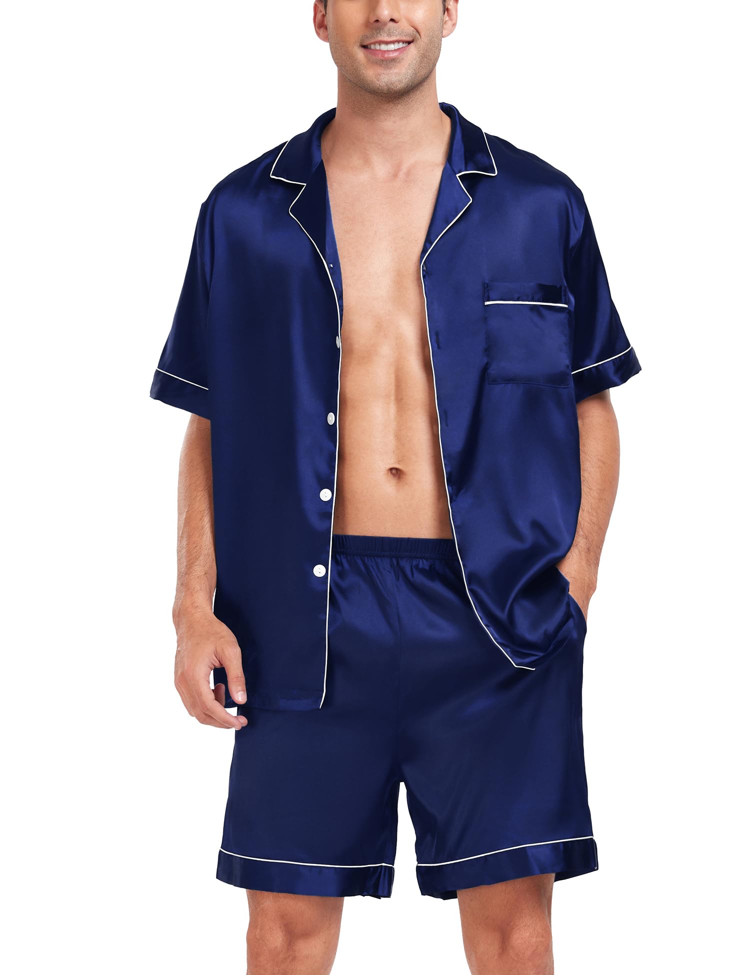 SWOMOG Men Satin Silk Pajamas Sets Short Sleeve Sleepwear Button-Down PJs Sets Two-Pieces Loungewear with Pockets