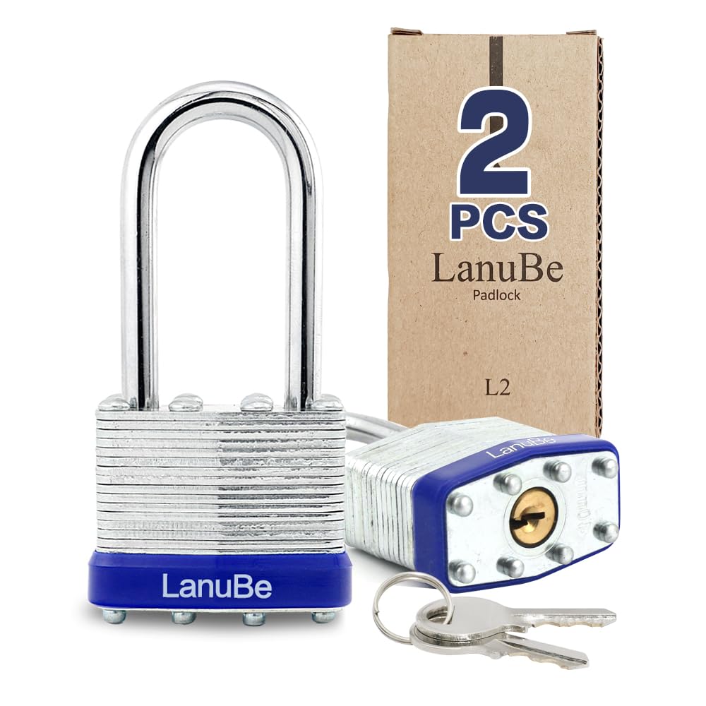LanuBe Laminated Keyed Alike Padlock 2 Pack 1.6-in Wide Long Shackle