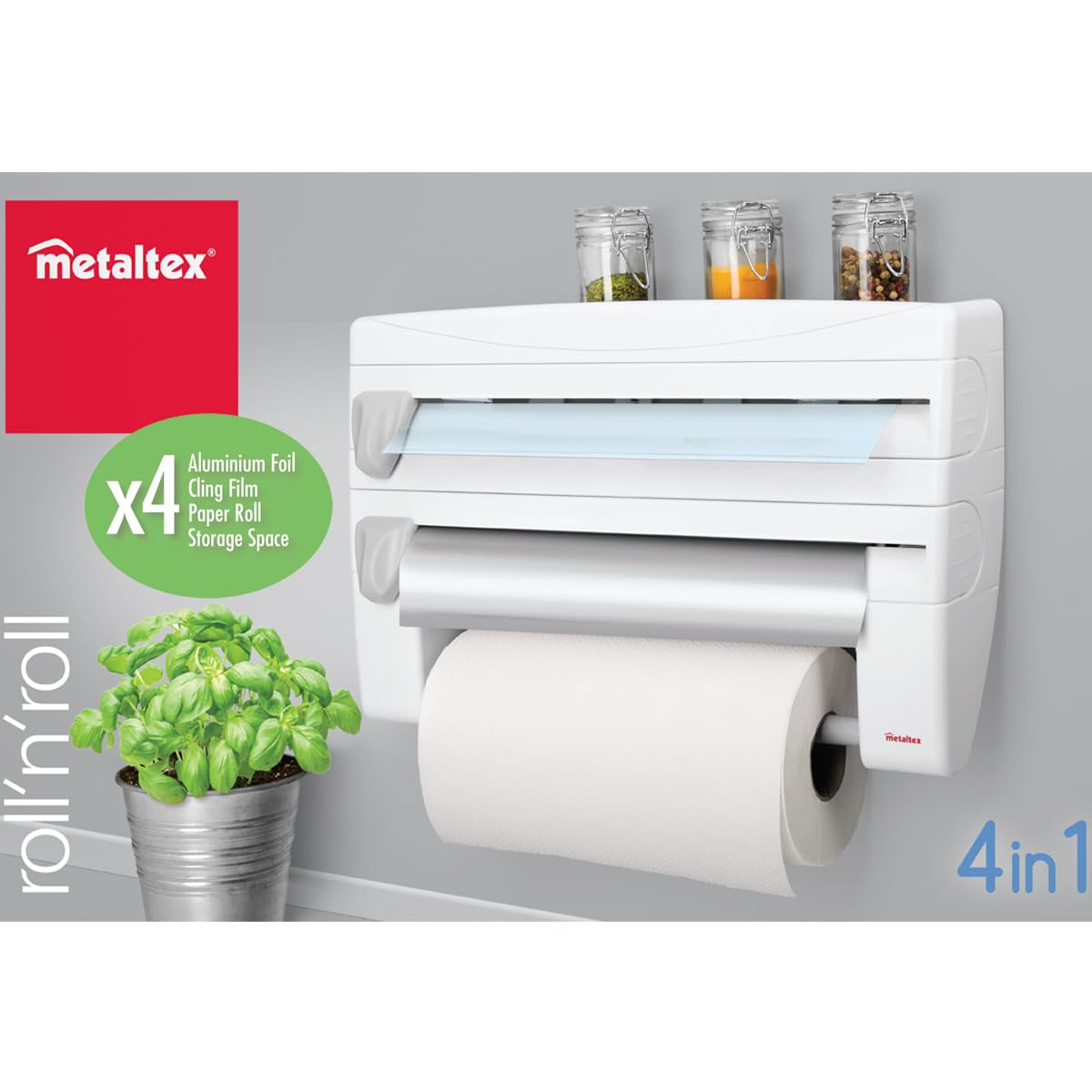 Metaltex 254410 Dispenser portarotolo da cucina Roll-n-Roll 4-in-1, bianco, 39 x 10 x 25 cm.