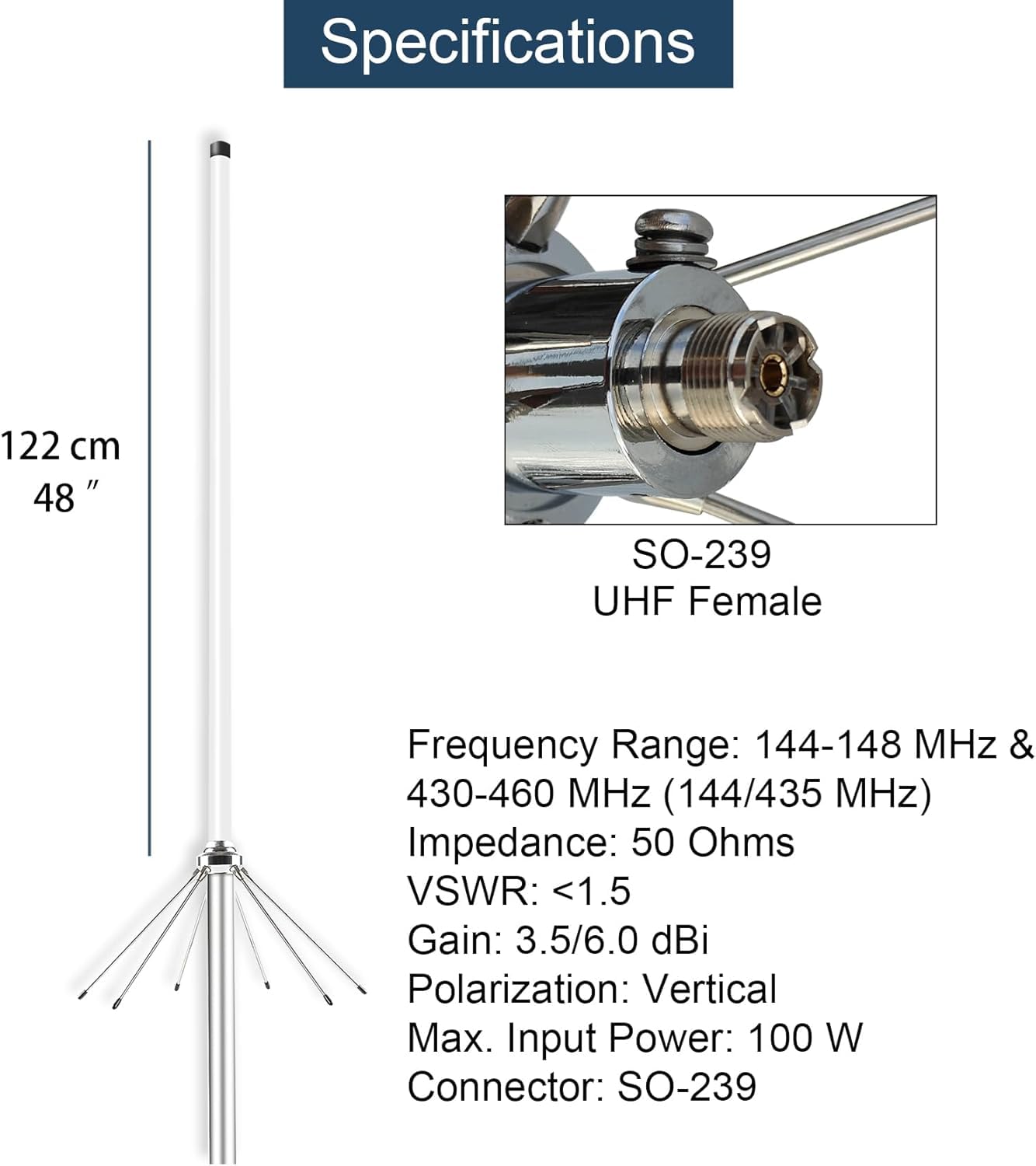 Antenne radio double bande VHF UHF Ham pour station de base 2 m 70 cm 144-148 MHz et 430-460 MHz Station de base répéteur radio jambon 144 435 MHz Boîtier extérieur en fibre de verre 100 W avec