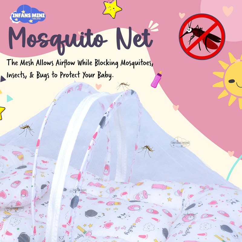 Image of Baby Bed with Mosquito and Insect Protection Net, Portable Mattress with Zip Closure & Pillow Ideal for Babies from 0-6 Months-Unisex (Panda Pink)