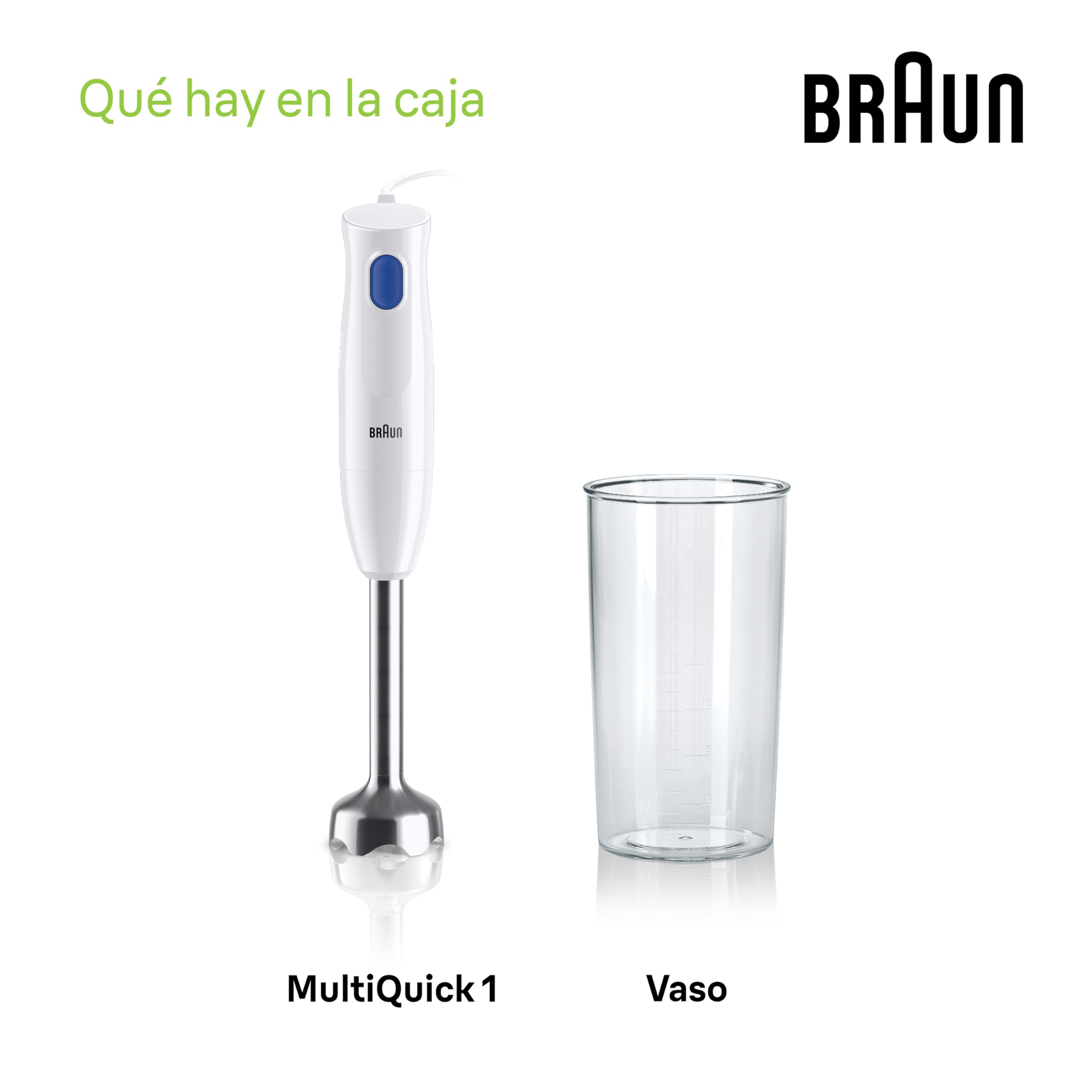 Braun Minipimer MultiQuick 1 - Batidora de mano ligera para sopas, batidos y papillas para bebé, 1 velocidad, vaso medidor 600 ml, 450W, blanco (MQ10.001MWH)