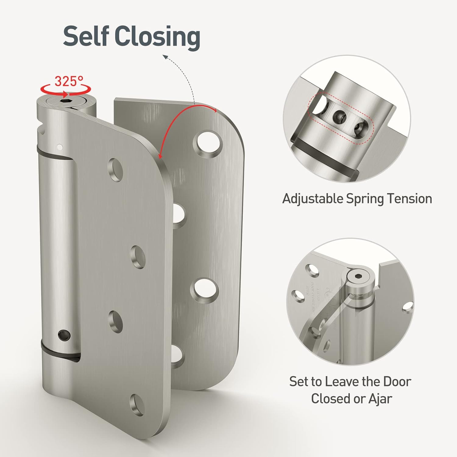 HOSOM Self Closing Door Hinges Brushed Nickel Spring Loaded Hinges 4 Inch Adjustable Tension for Garage, Front Door, Back Door, UL Listed, for Left and Right Hand Door, 5/8'' Radius Corners, 3 Pack