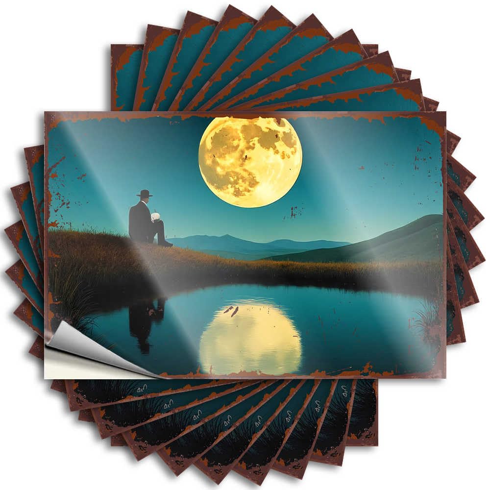 Dorm Room Accessories Window Funny Sticker | Man Sitting By Pond Under Full Moon Plush for Narrow Decor(6X9CM)