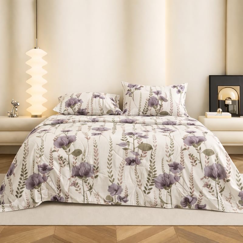 Image of Super King Size Bedsheet | Cotton Flat Sheet Skin Friendly with Two Pillow Covers| 300 TC | Super Soft Bed Sheet for Double Bed | Floral Design (272 x 272 cm, Lavender Meadow)
