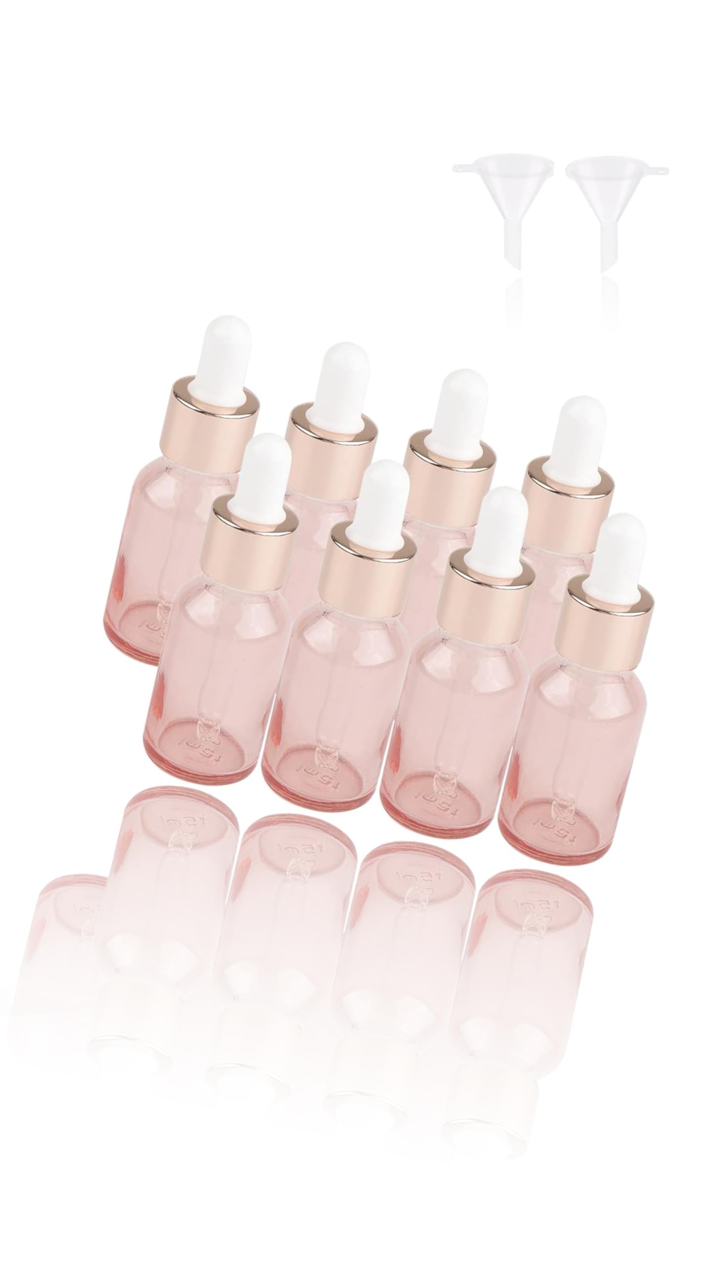 8 Pack 15ml Pink Dropper Bottles - Refillable Glass Vials for Essential Oils, DIY Perfume, and Travel - Rose-Gold Cap, 2 Funnels Included