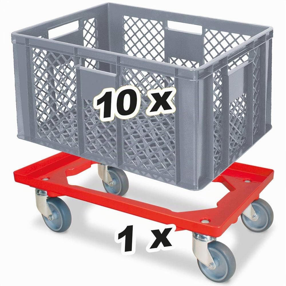 BRB Lot économique de 10 bacs empilables et roulettes de transport, 600 x 400 x 320 mm, qualité industrielle, convient à un usage alimentaire, gris