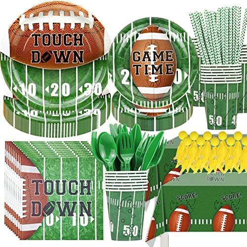 PYCALOW Football Party Supplies Tableware - Superbowl Party Decorations 2023 Include Plates, Napkins, Cups, Cutlery, Tablecloth, Straws, Penalty Flag, Touchdown Super Bowl Party Supplies - 24 Serves
