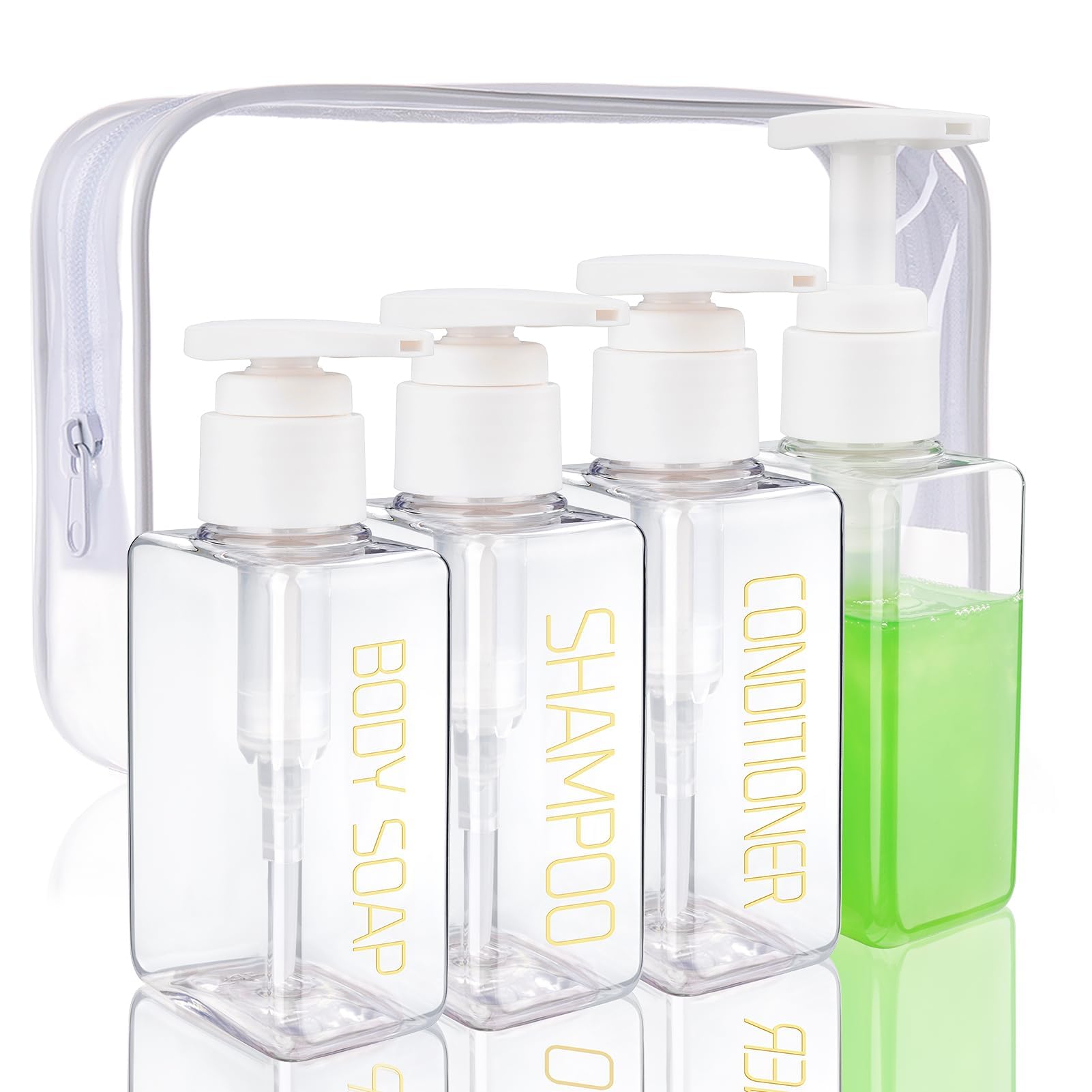 Travel Bottles Travel Accessories Toiletries 4 Pack 3.7oz/110ml Travel Shampoo and Conditioner Bottles Empty Plastic Pump Bottle Dispenser(3labels &1blank)