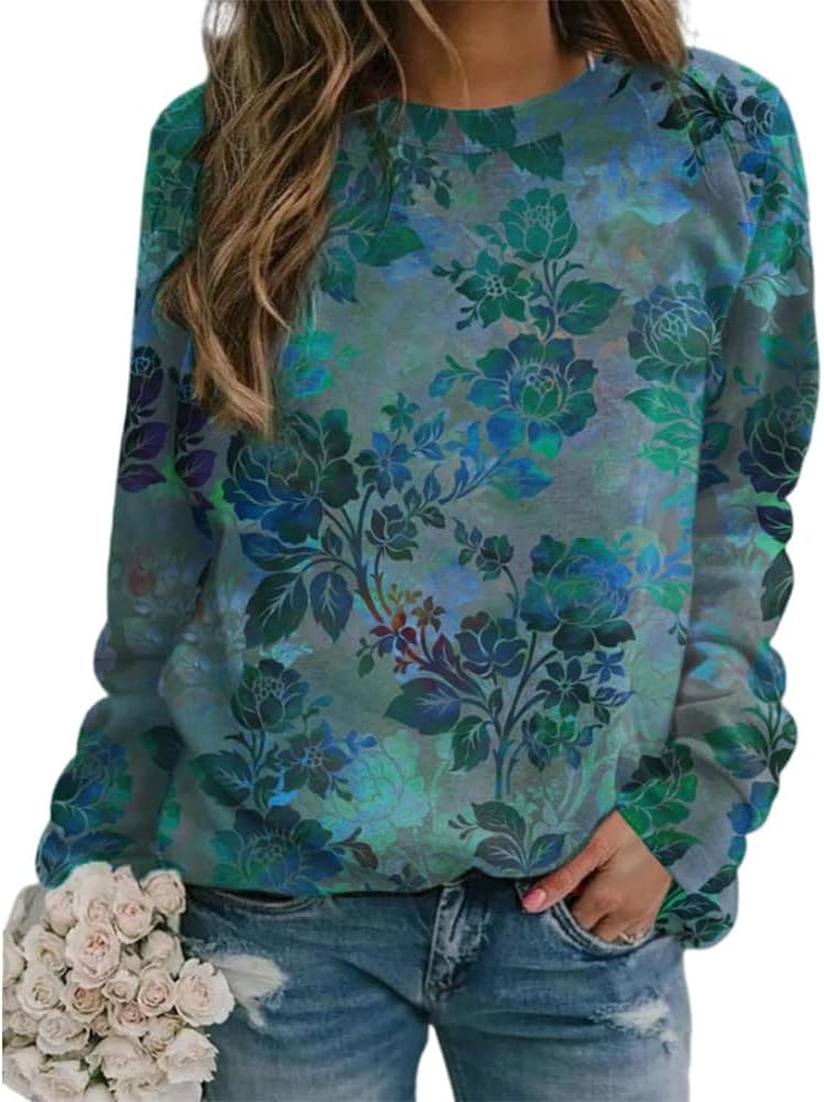 Akivide Women’s Long Sleeve Flower and Landscape Print Sweatshirt Casual Fall Loose Crewneck Pullover Tops