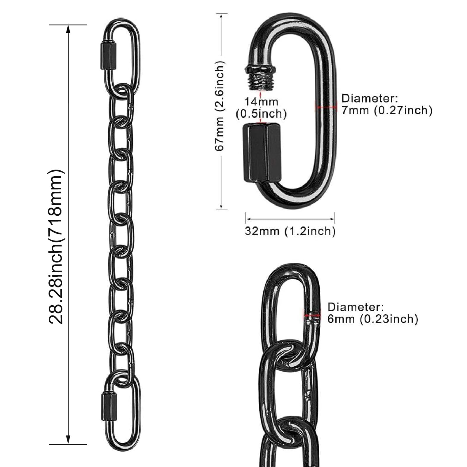 BeneLabel 2Pcs 28 inch Black Heavy Duty Hanging Chains with 4 Carabiners 1000 LB Capacity Hanging Hammock Chair Hardware Extension Chain for Swing, Hanging Chair, Punching Bags, Indoor and Outdoor