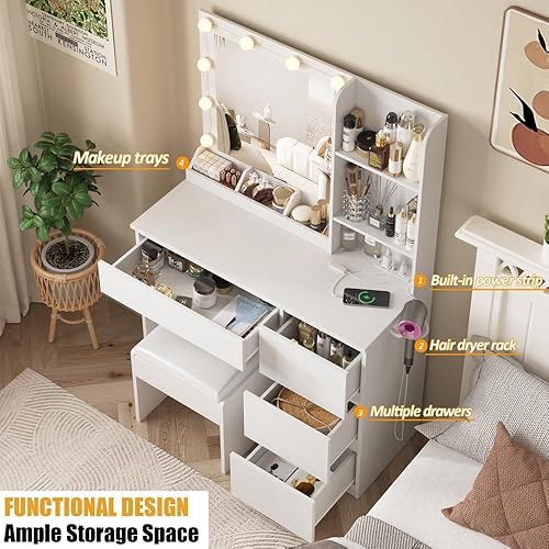 Miniatura 5 de Vabches Vanity, juego de escritorio de maquillaje con espejo y luz, lotes de almacenamiento de tocador con tira de alimentación, 3 modos de