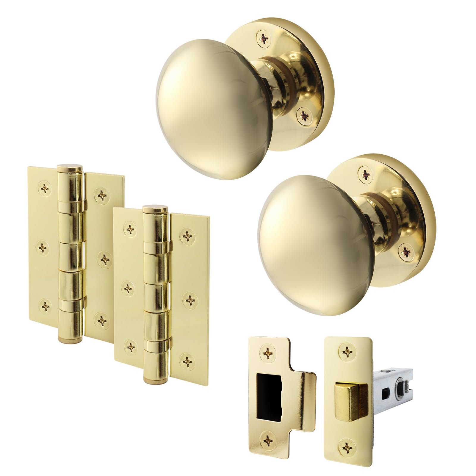 EAI Polished Brass Door Knobs with Latch 76mm and Hinges - Victorian