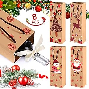 Christmas Bottle Bags, Multipack Kraft Paper Wine Bottle Bags with Handle 8 Packs for Wine Whiskey Champagne, Single New…