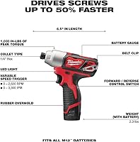 Vista 4 de Milwaukee 2498-25 M12 12V Cordless 5-Tool Combo Kit: 2407-20 3/8 in.Drill/Driver + 2462-20 1/4 in. Hex Impact Driver+2420-20 Hackzall Recip
