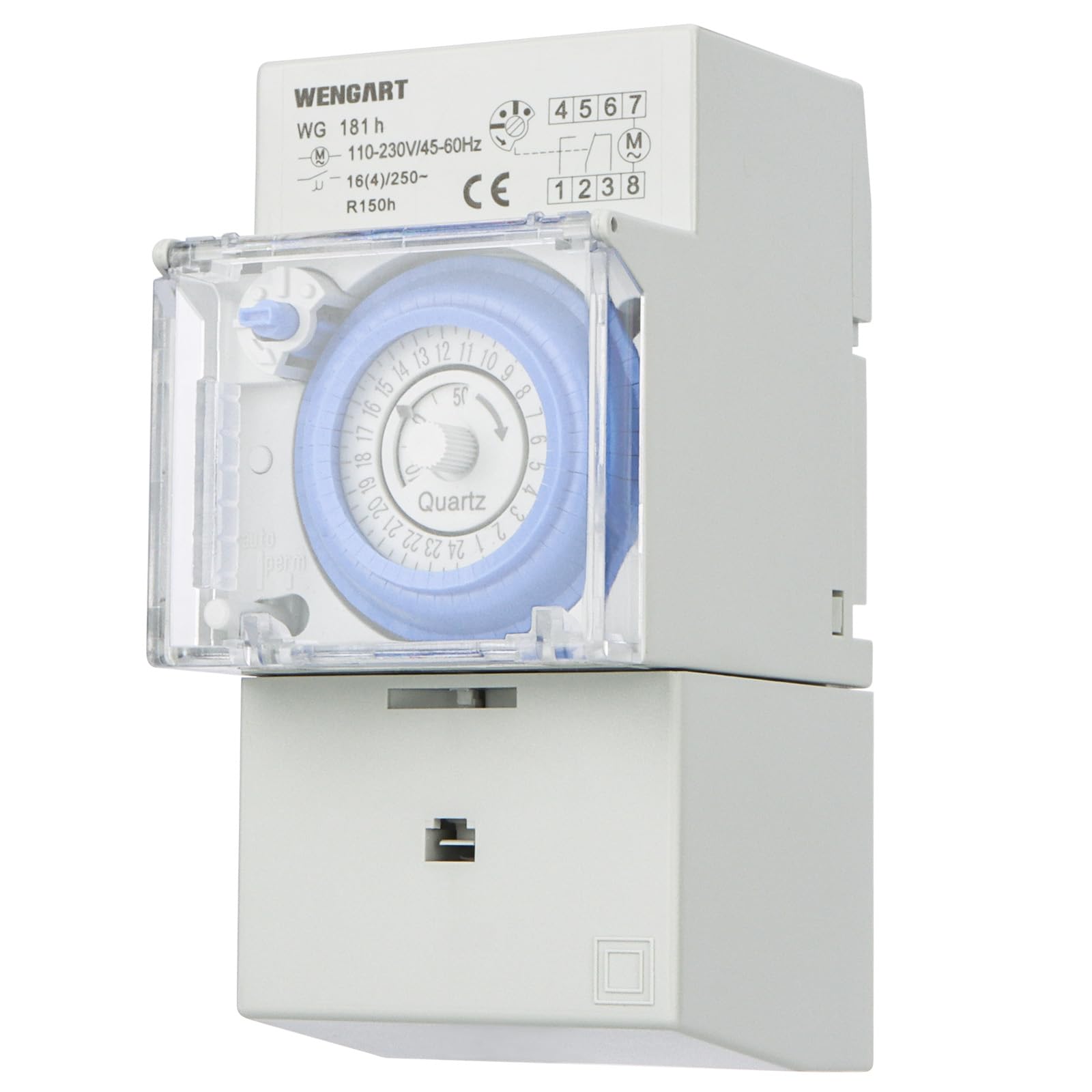 Wengart 24 Hours Time Switch WG-18,Analog Mechanical Timer Manual/Auto Controller DIN Rail with Waterproof Cover White (WG-181H)