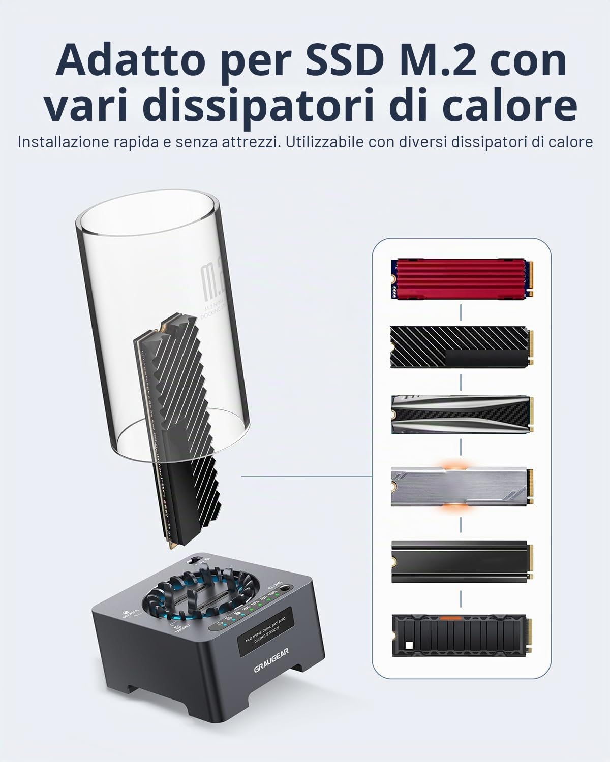 M.2 NVMe SSD Clone Station per M.2 PCIe, M-Key, USB3.2 Gen2x2 20Gbps docking station, 60 mm, alimentatore di rete
