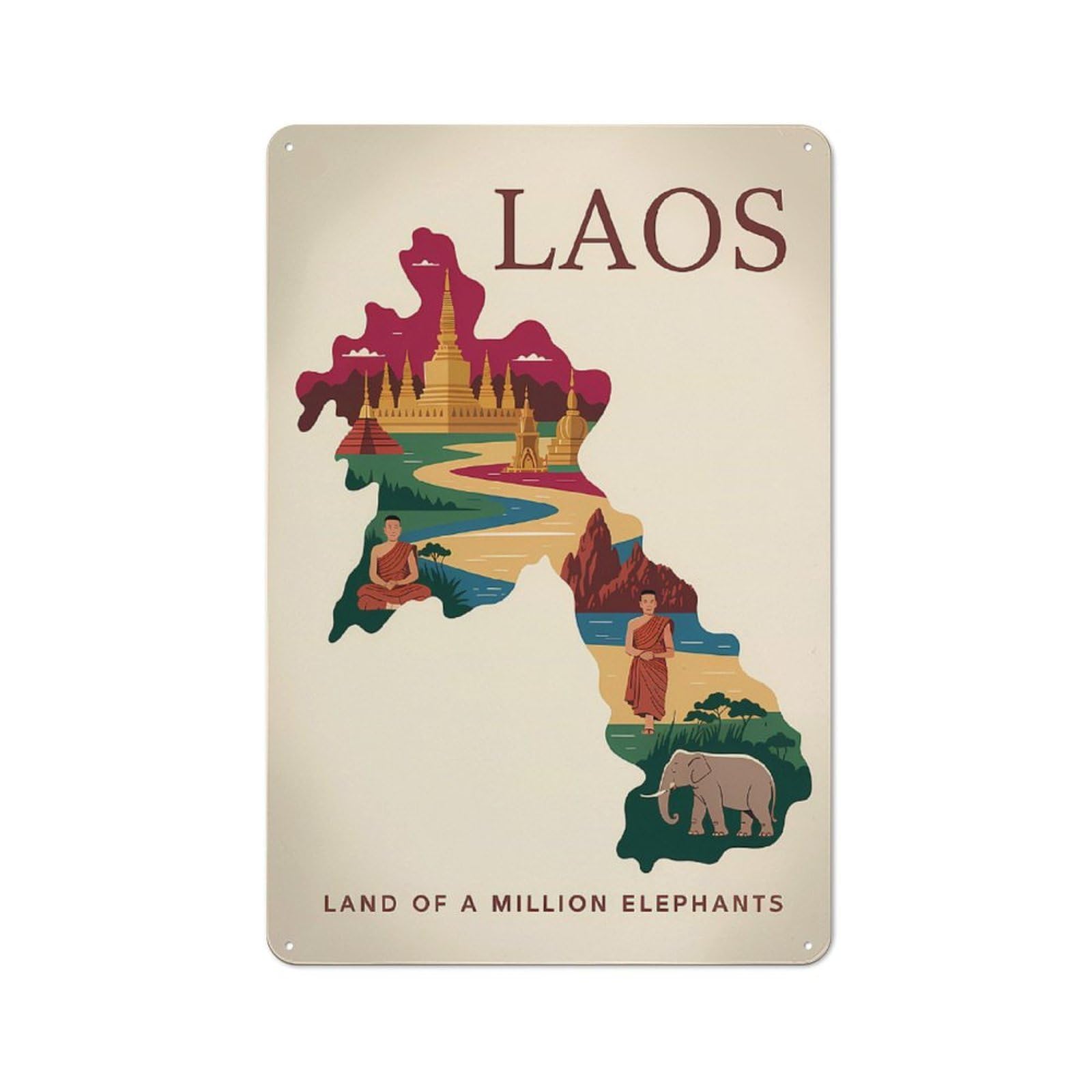 Junmoney Style-4 For Café Or Restaurant, Laos Travel Retro Metal Sign 30X20cm, Gift For Café Owners And Decorators During The Christmas Season