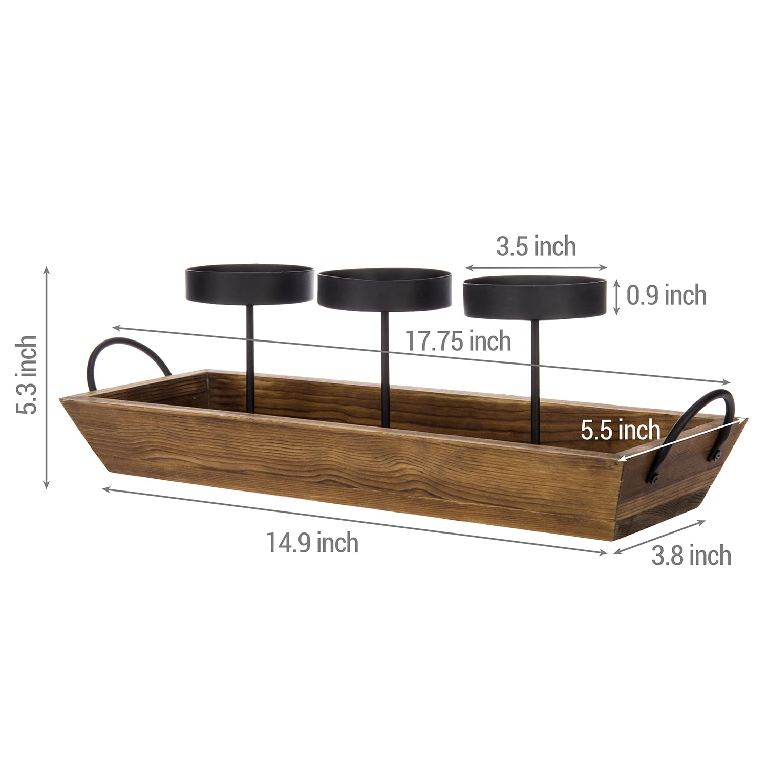 Portavelas de metal negro de 3 pilares con bandeja de madera rústica y asas, centro de mesa y mantel 5