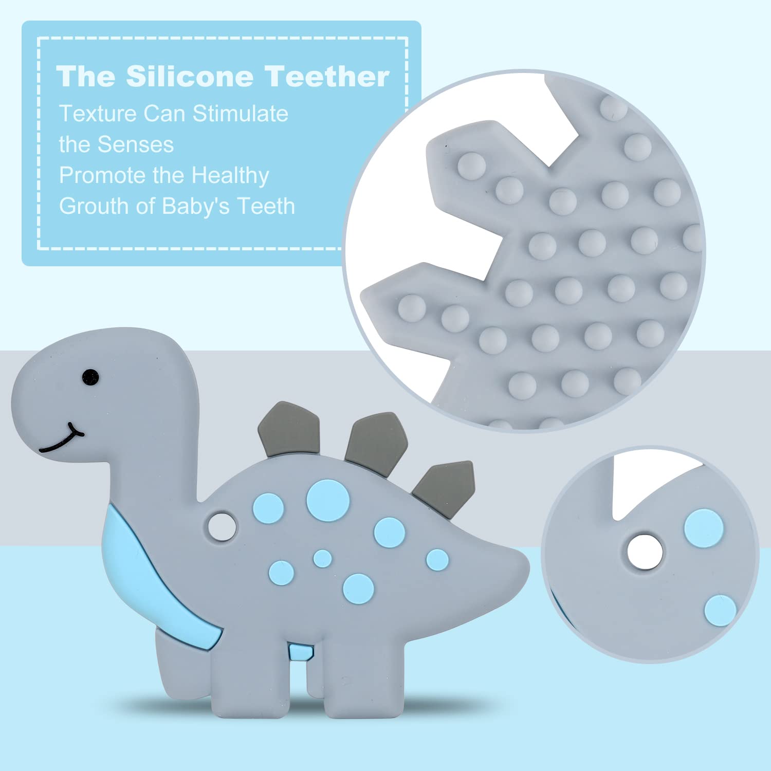 Juguetes de dentición para bebés de 3 a 6 a 12 meses, juguete de dinosaurio para aliviar el dolor con diseño de una sola pieza, juego de soporte para chupete, apto para congelador, regalo neutro para 2