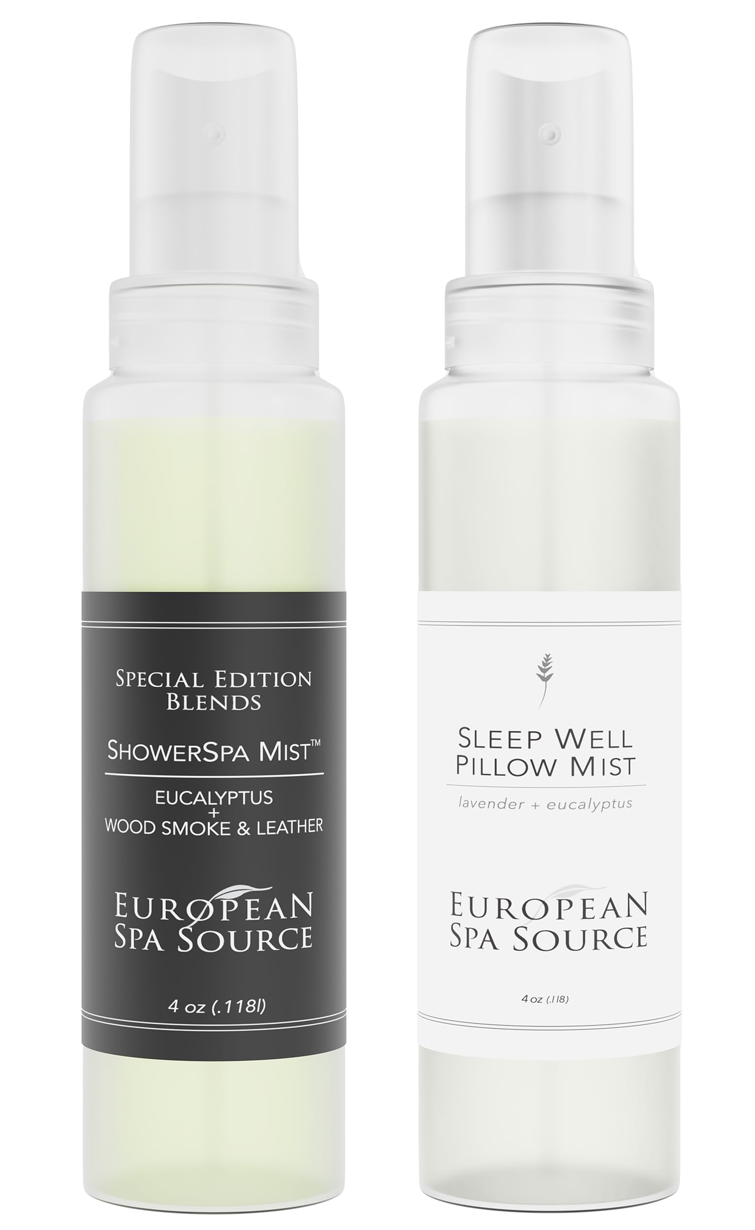European Spa SourceEucalyptus + Woodsmoke + Leather ShowerSpa Mist & Lavender + Eucalyptus Pillow Mist Sprays Bundle for Aromatherapy, and at Home Spa Experience fl oz. (Each)
