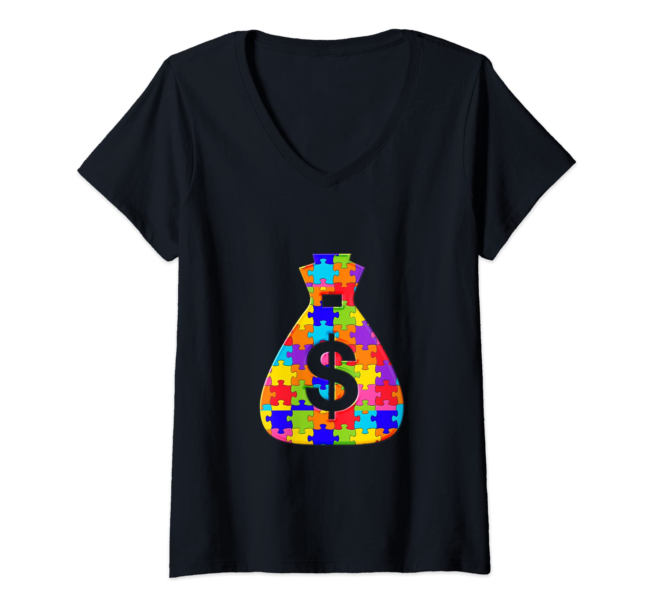 Womens USD Dollar Money USA wealth Jigsaw Autism Puzzle V-Neck T-Shirt