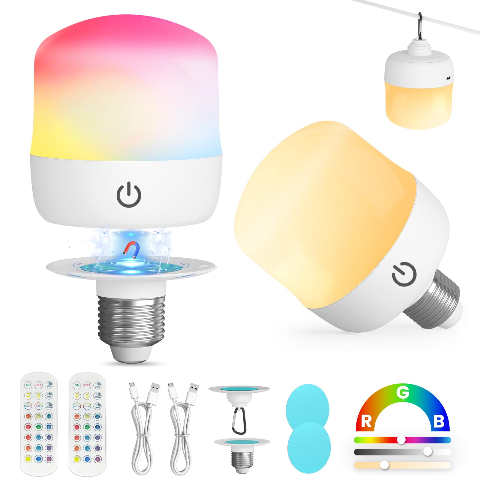 Rechargeable LED Light Bulb: Battery Powered Lights Bulb with Remote, 4000mAh E26 15 Color Modes Dimmable Night Lights with 3 Timer, Detachable