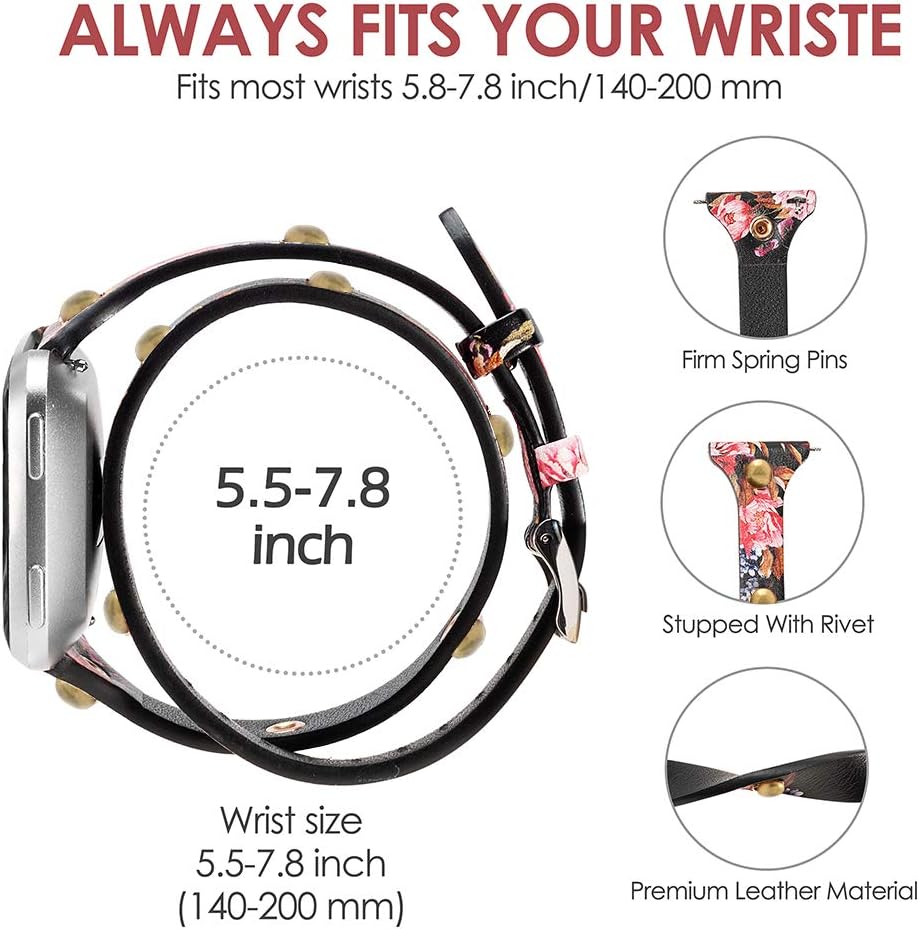 Wearlizer Leather Double Tour Band Compatible with Fitbit Versa/Versa 2 /Versa Lite/Versa SE Women Men,Slim Genuine Leather Watch Bands Compatible for Fitbit versa