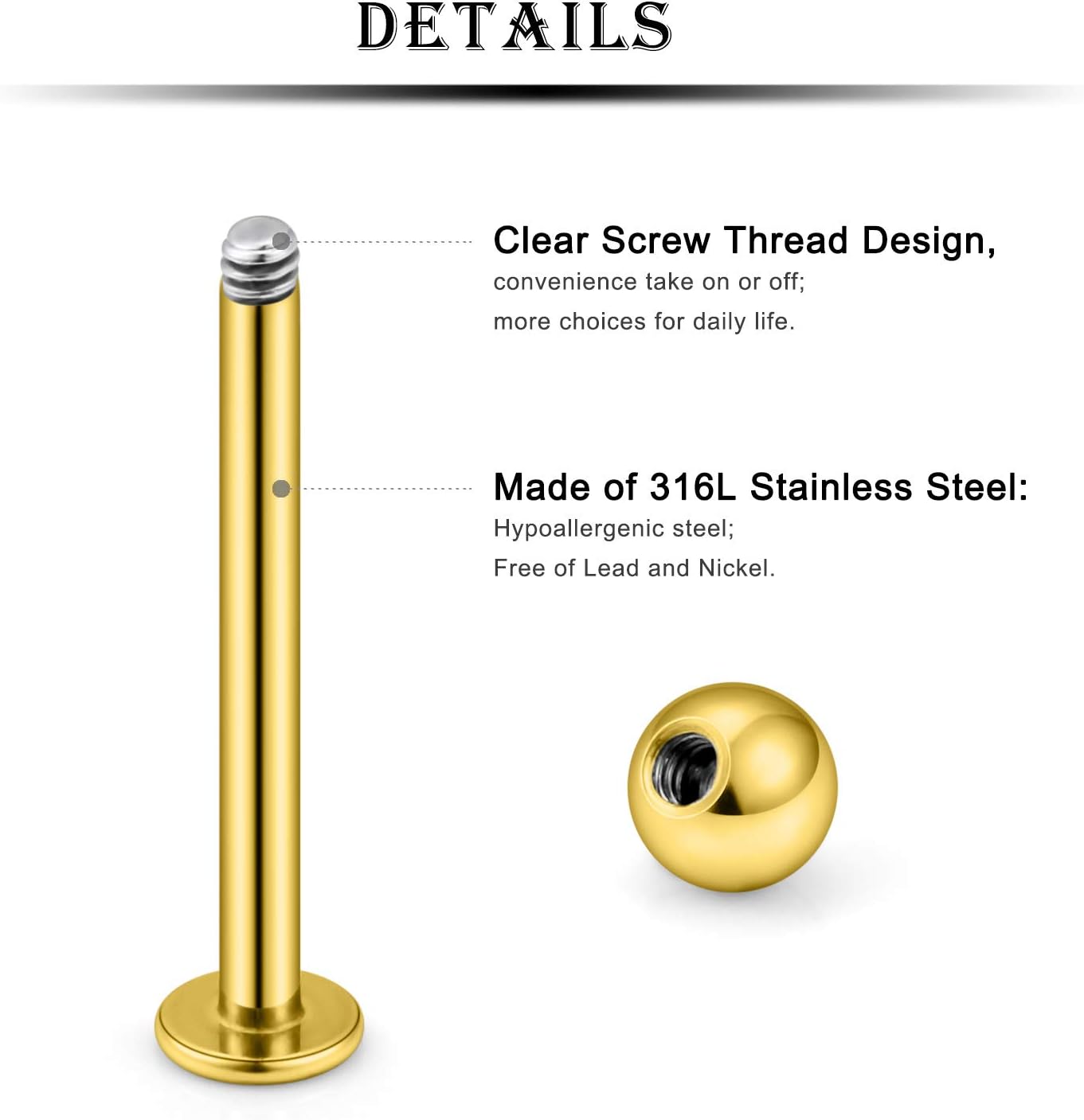 16G 316L Stainless Steel Labret Cheek Tongue Rings Barbell Body Piercing Jewelry 4mm 5mm Bar Size 14mm-19mm Bar Length Available 6Pcs