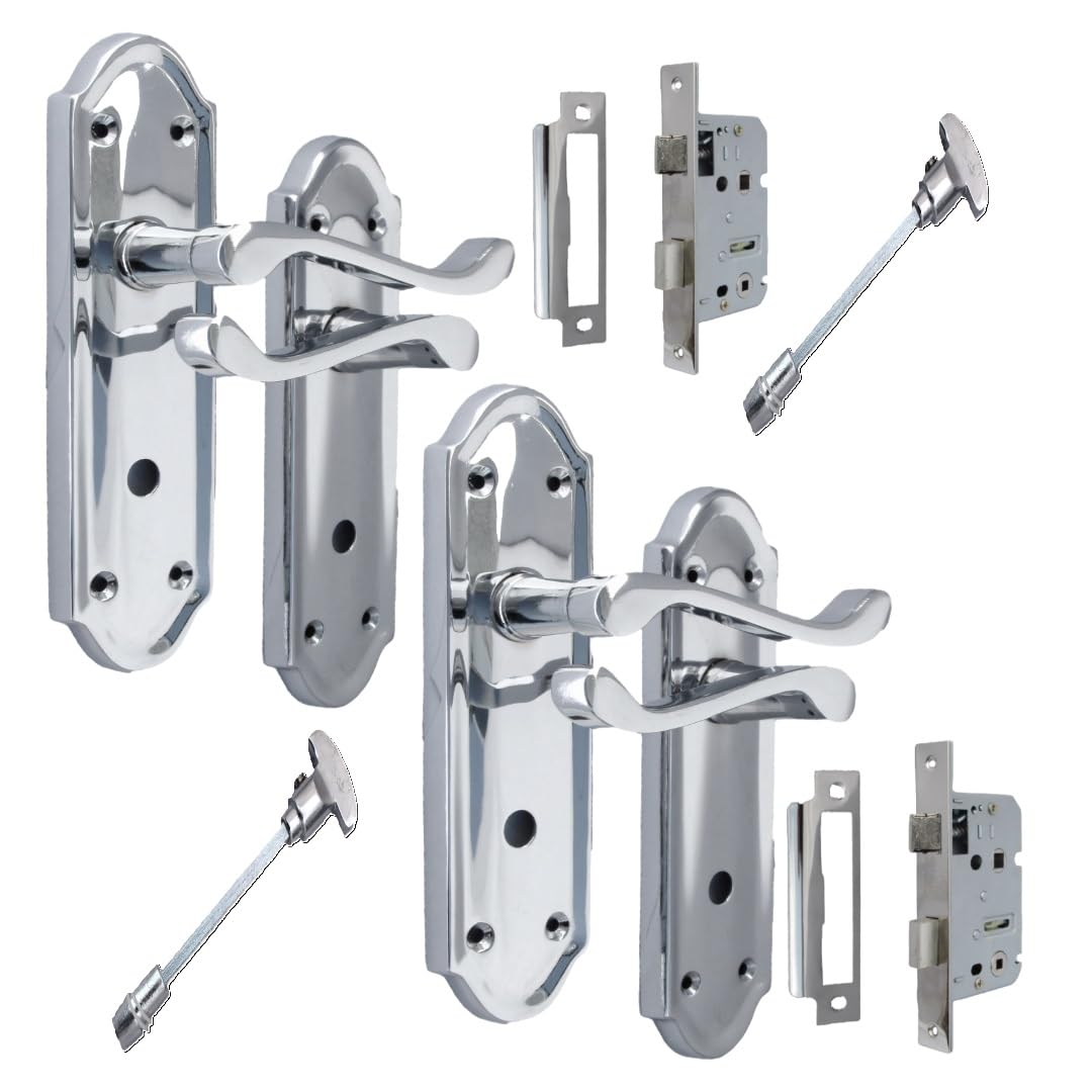 Epsom Door Handle Silver Chrome Internal Door Handles Door Handles Sets With 2 Sash Bathroom,Chrome Door Handle Set For Internal Doors, Door Handle In Chrome (2 Pair Of Bathroom Handles + Bathroom Sash Lock)