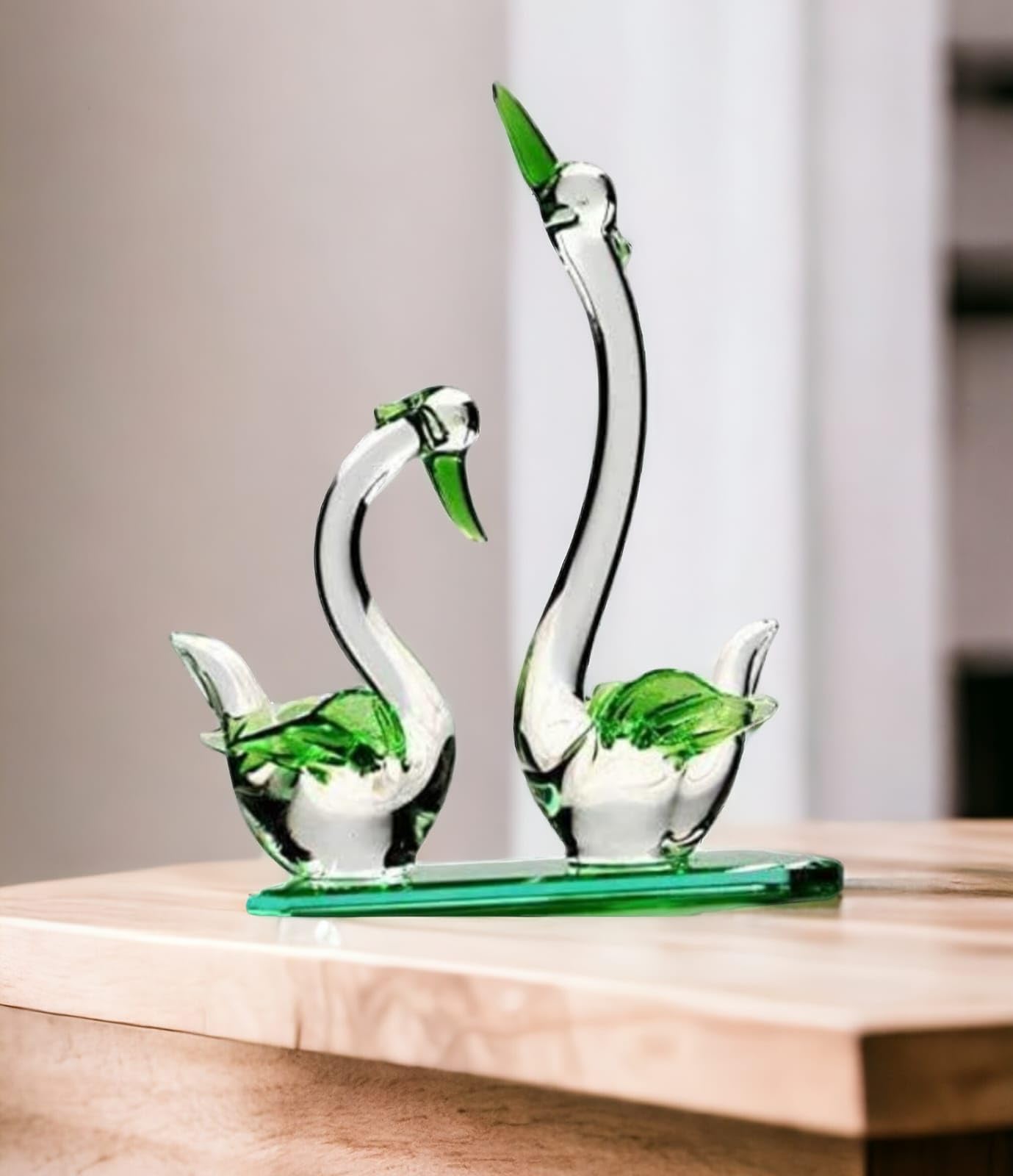 Glass Duck and Swan Pairs with Glass Slab Green Colour Showpiece and Handicraft Products for Home Decoration