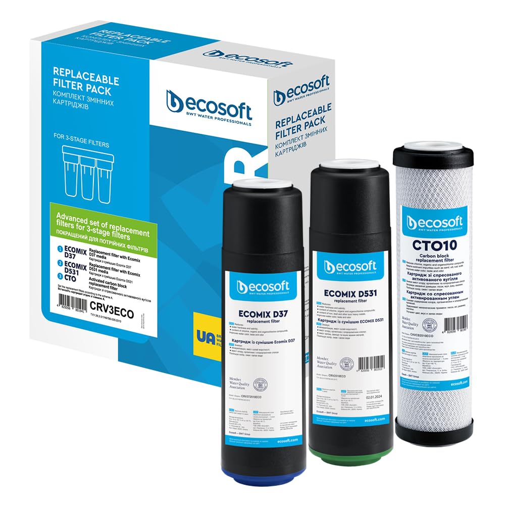 Ecosoft set de recambios de 3 etapas con carbón activo – Eliminación eficaz de cloro y olores – Compatible con sistemas de ósmosis inversa – Instalación bajo fregadero