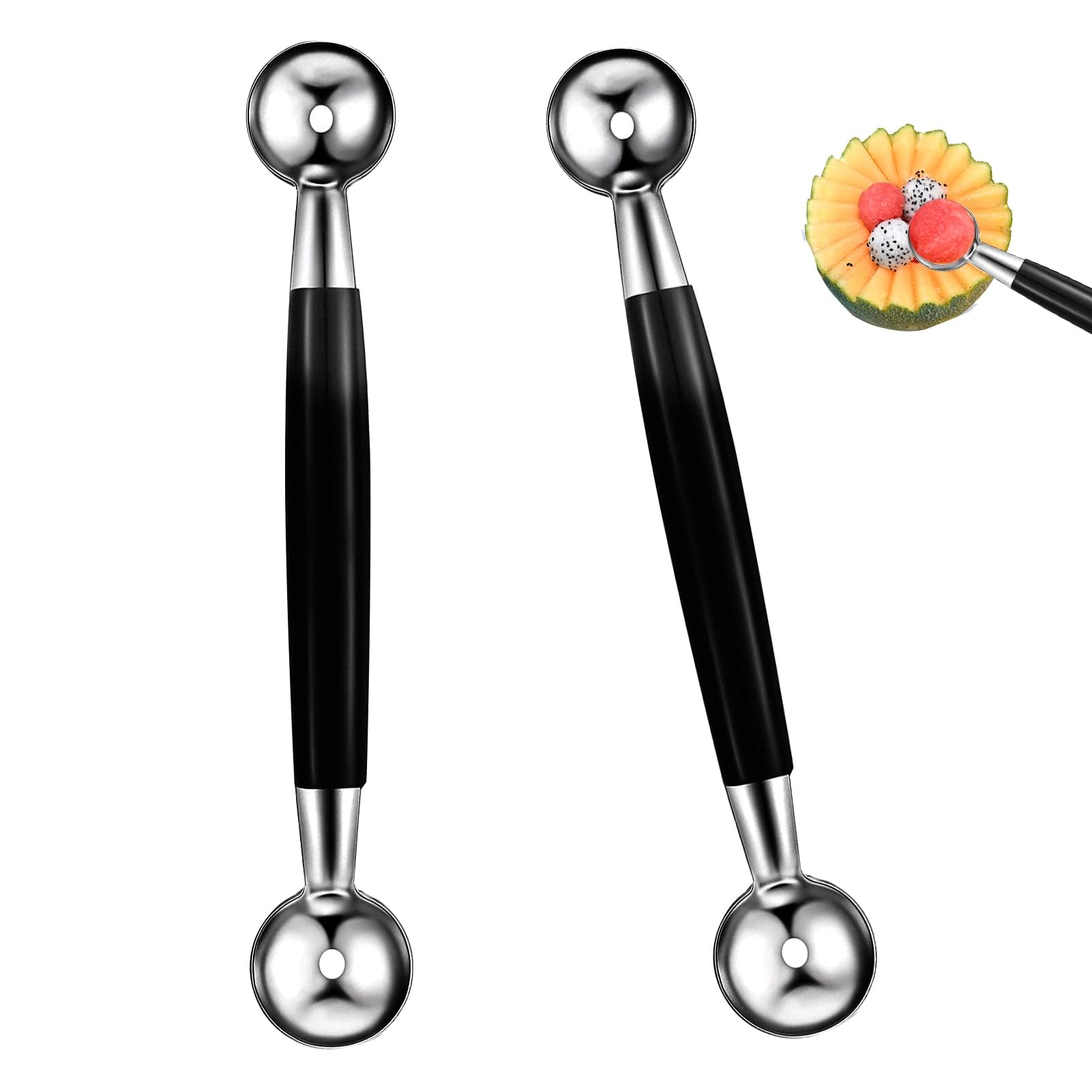 2 PCS Double Sided Melon Baller, Round Melon Balls Fruit Baller Scoop Melon Baller Scoop Stainless Steel Melon Baller Melon Scoop Double Scoop Ice Cream Cone Double Dessert Scoop for Fruit Ice Cream