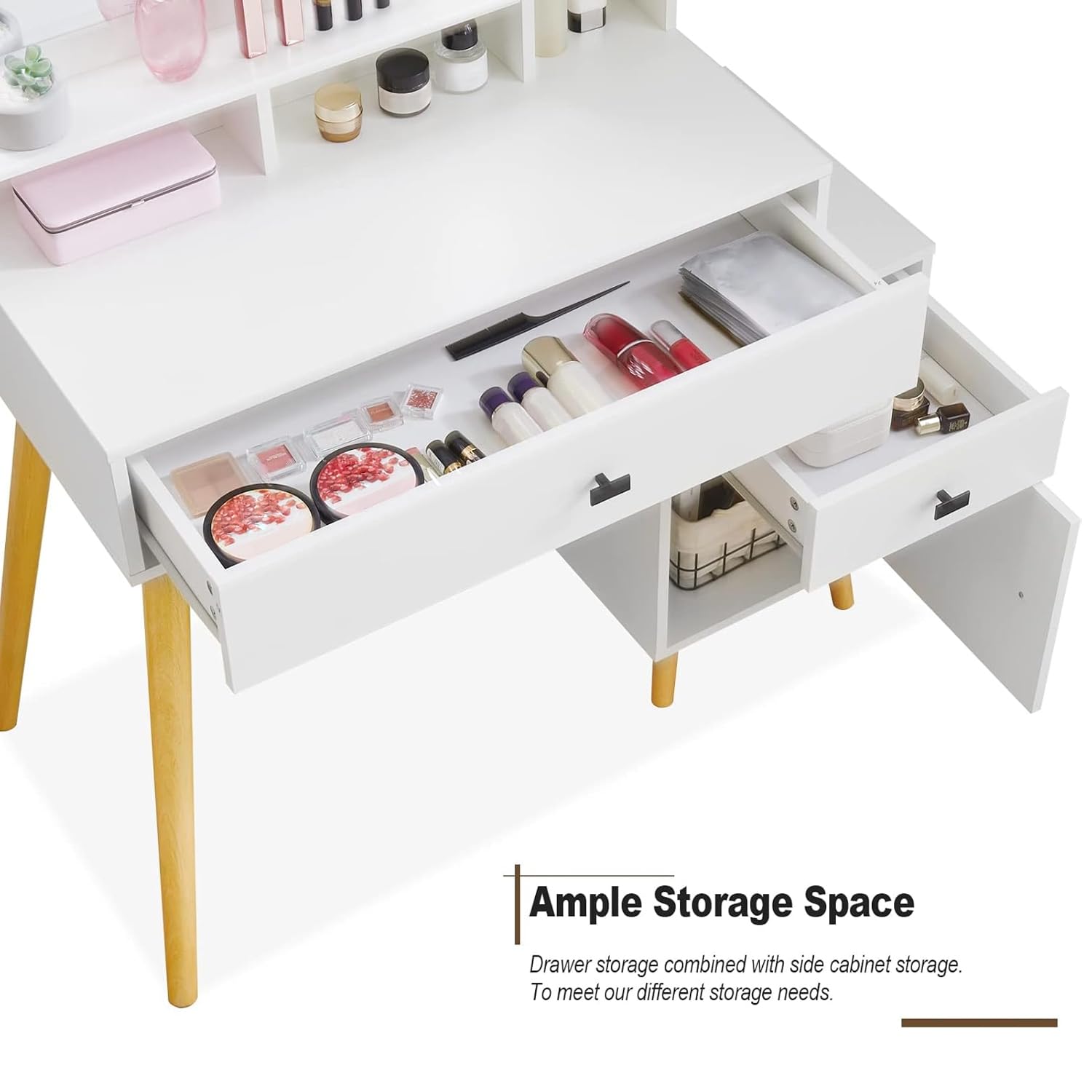 CLIPOP Schminktisch mit Hollywood LED Spiegel,Licht Verstellbare Helligkeit,Frisiertisch Gepolsterter Hocker Set Weiß,Kosmetiktisch aus Holz mit Schublade und Aufbewahrungsschrank