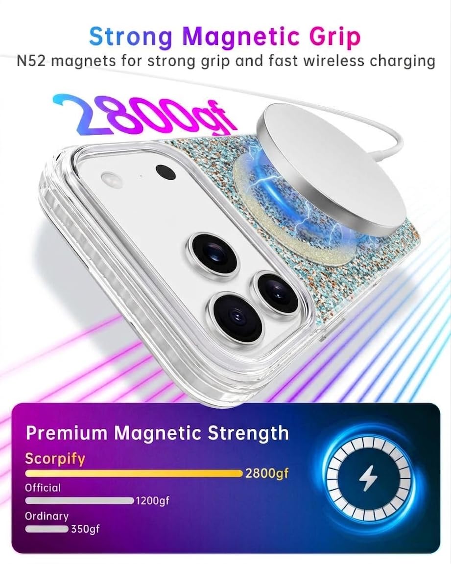 SCORPIFY Custodia magnetica per iPhone 17 Pro, compatibile con chiusura magnetica, design elegante color champagne, carina custodia magnetica da donna, con finitura glitterata