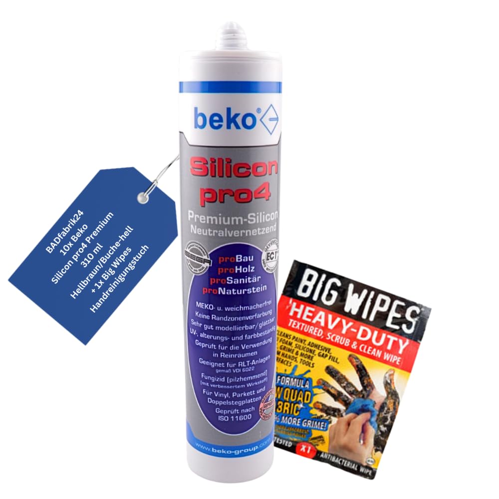 Beko Silicon pro4 Premium 310 ml + Big Wipes – Profi-Silikon für Bad, Küche & Bau – Schimmelresistent, haftstark, UV-beständig (Hellbraun/Buche hell, 10)