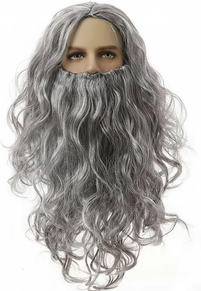 Wizard Costumes with Warlock Cloak Wig Beard Gloves Wand Halloween Magician Sorcerer Cosplay Outfit Party Props Black - Image 4