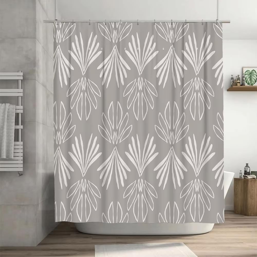 Tenda da doccia di lusso con motivo a foglie bianche e grigie,impermeabile,lavabile,in tessuto morbido,per l'arredamento del bagno,taglia XS (160x200 cm/63x78 pollici (LxA)
