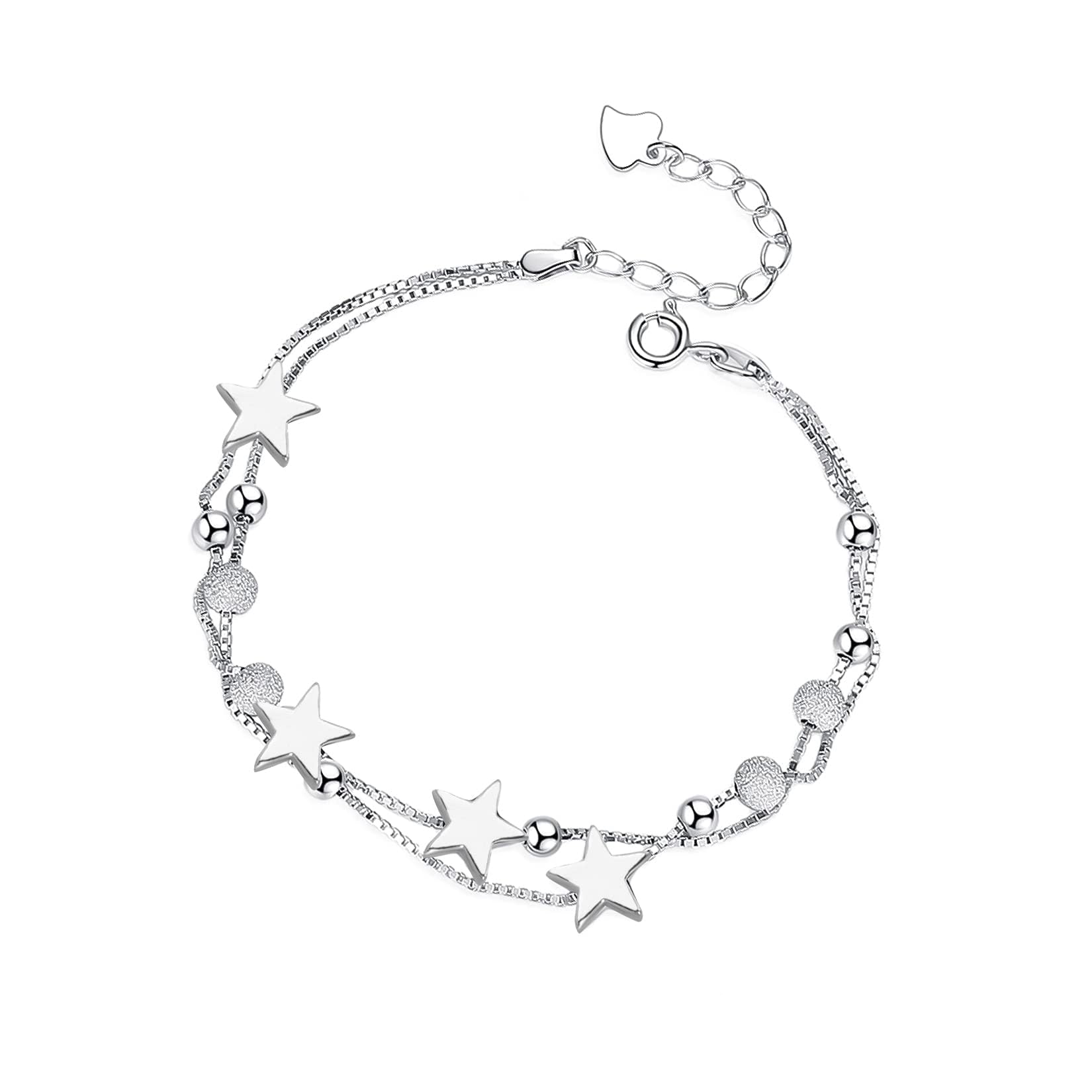 PlandleLee2 en 1 Pulsera Mujer, Elegante Pulsera con Pequeñas Estrellas y Perlas, de Plata de ley 925, Eslabones Amistad Ajustable Charm Pulseras Capas Regalo Aniversario