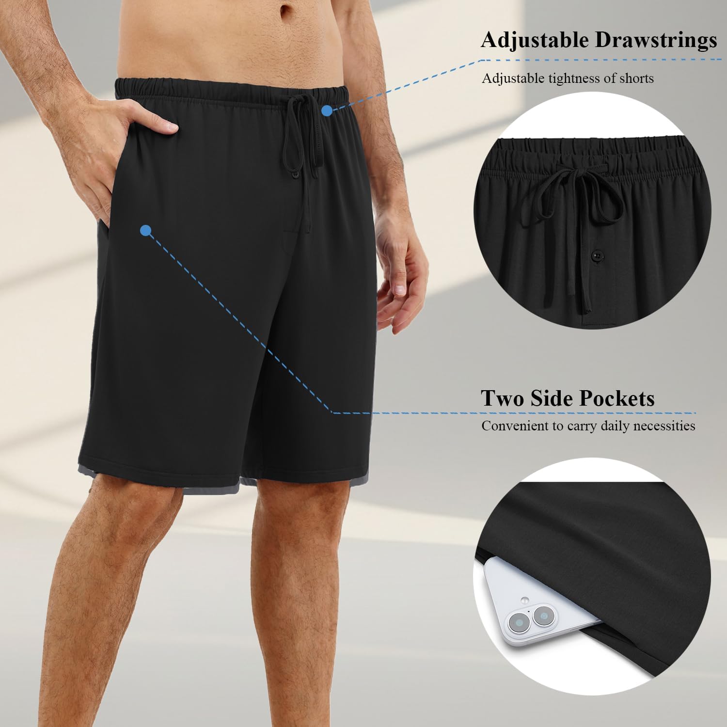 Ekouaer Mens Pajama Shorts Bamboo Rayon Pj Bottoms Soft Sleep Shorts Soft Drawstring Loungewear With Pockets 2 Pack S-3XL - Image 5