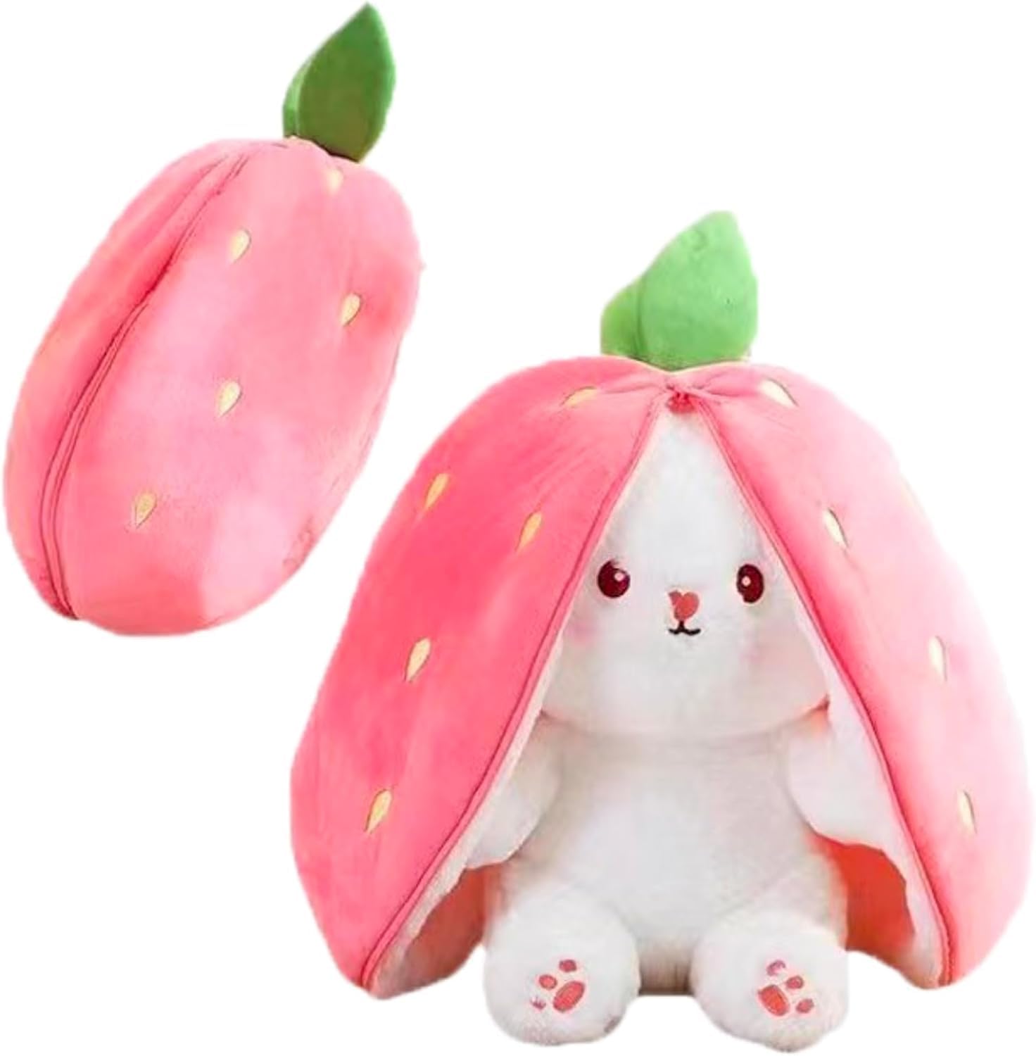 1 Pcs Strawberry Bunny Plush Toy, Reversible Rabbit Teddy with Zipper, Hide and Seek Playtime Companion, Soft Stuffed Animal Measures, Suitable for Halloween, Christmas, Brthdays, and Gift Giving