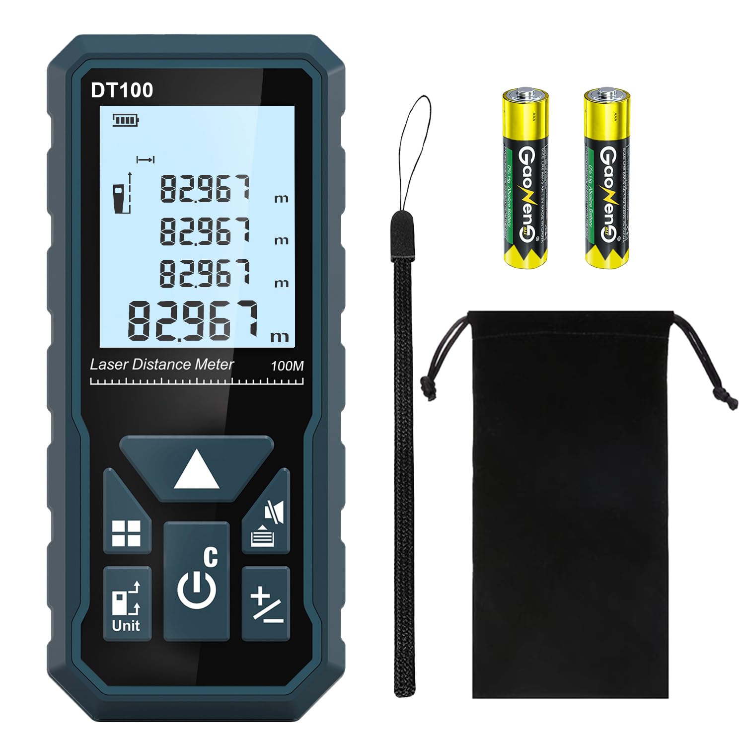 HANMATEKLaser Distance Meter 100m, DT100 Laser Measure 328ft with Portable Handle Digital Measure Tool Range Finder 4-Line Backlit Large LCD Display IP54 Shockproof