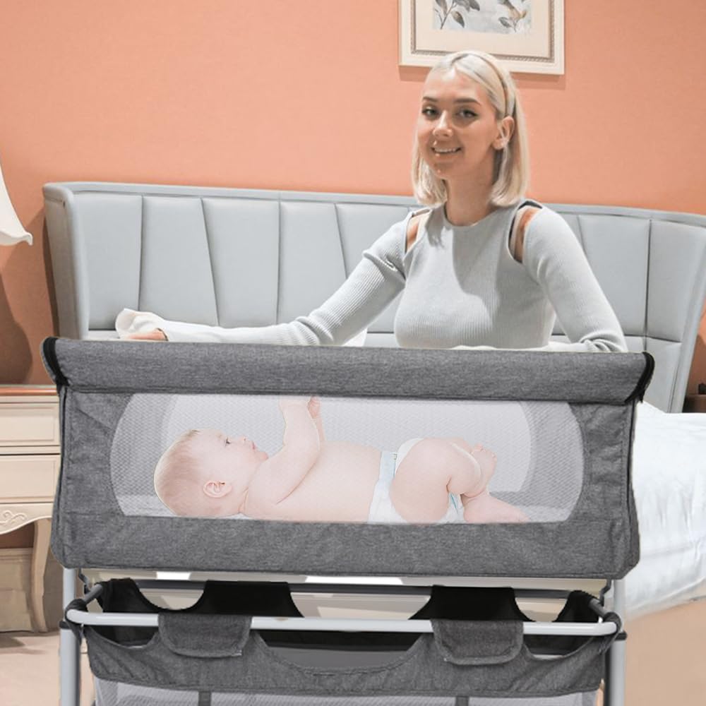 HUOLE Cuna Colecho Viaje,Cuna multifunción 4 en 1, Cuna colecho y Parque, para niños de hasta 50 kg, con colchón, Correas de sujeción y Ruedaspara bebés de 1 a 36 meses-113 * 66 * 84cm-Gris